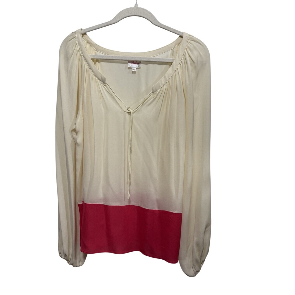 Parker XS 100% Silk Balloon Sleeve Tie Neck Blouse Cream Pink Boho Fairy Shirt